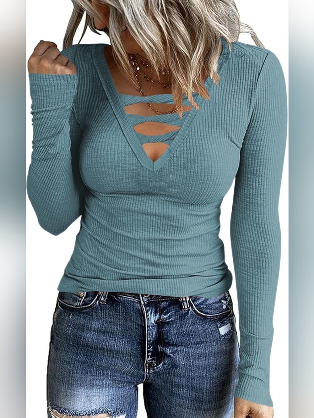 Damani Ribbed Crisscross V-Neck Long Sleeve Top - Mint